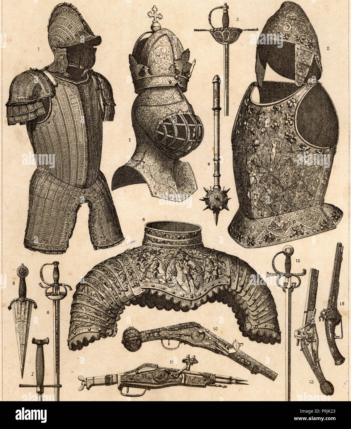 Various royal armors, helmets, bladed weapons and firearms. Stock Photo