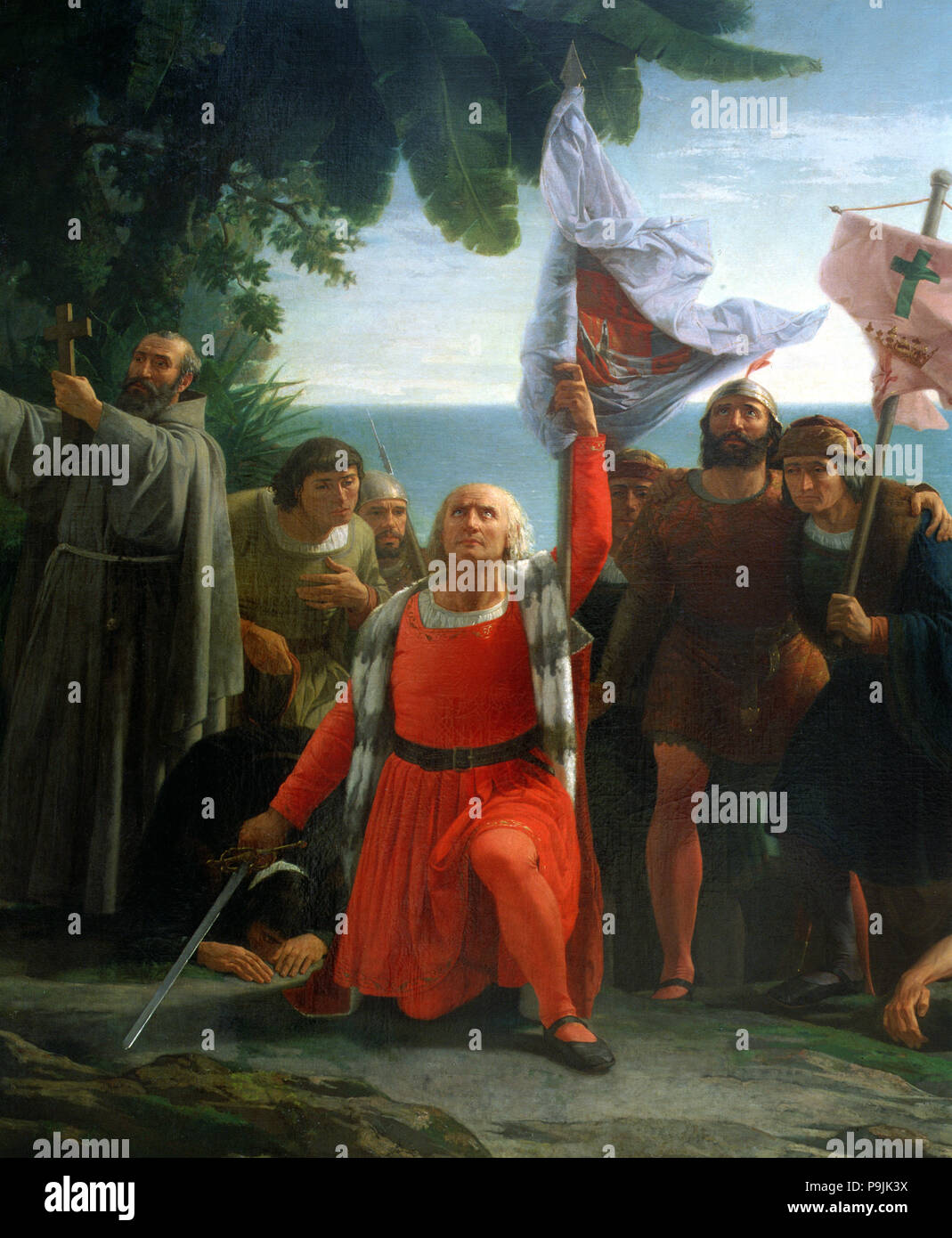 Christopher Columbus, first landed in America, oil, 1862. Stock Photo
