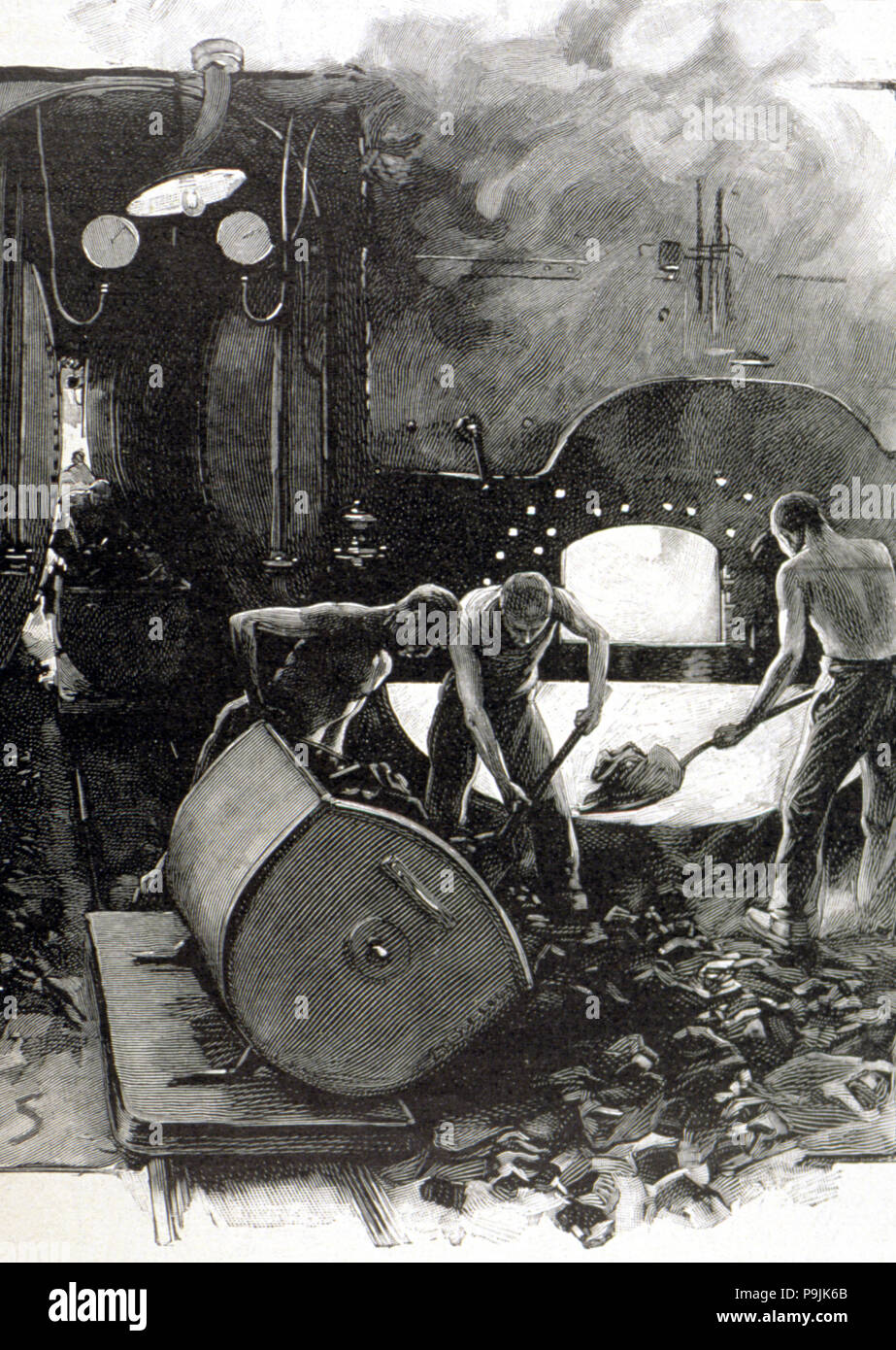 Loading of coal into the boilers of a blast furnace, engraving in 'L'Illustration Française' of A… Stock Photo