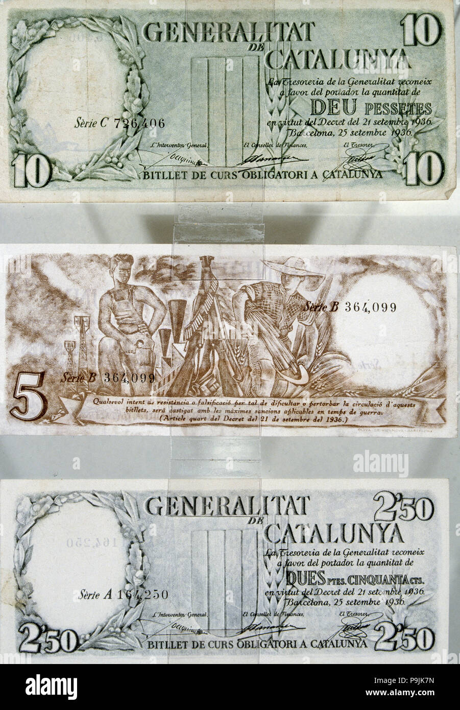 Banknotes of 10 pesetas of legal tender issued by the Generalitat de Catalonia during the Spanish… Stock Photo
