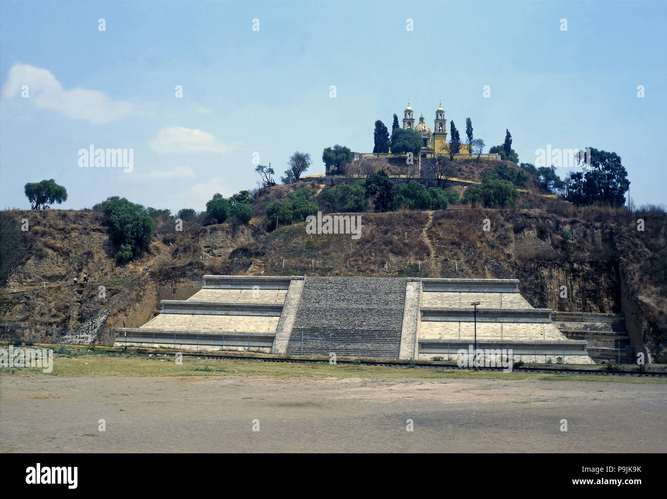 Cholula, important ceremonial center, remains of the old 'Tepanapa pyramid', at top the church of… Stock Photo