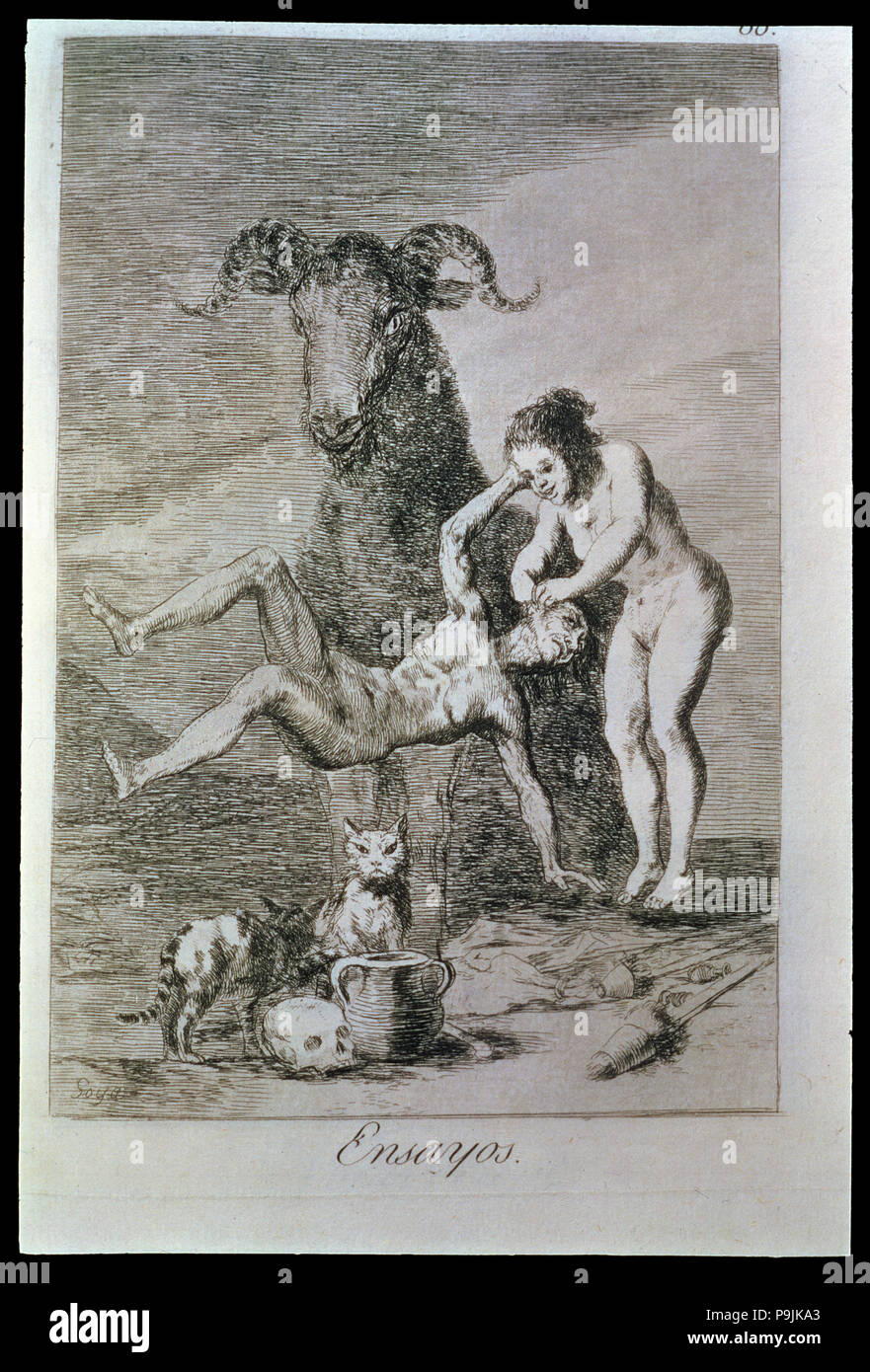 Los Caprichos, series of etchings by Francisco de Goya (1746-1828), plate 60: 'Ensayos' (Trials),… Stock Photo