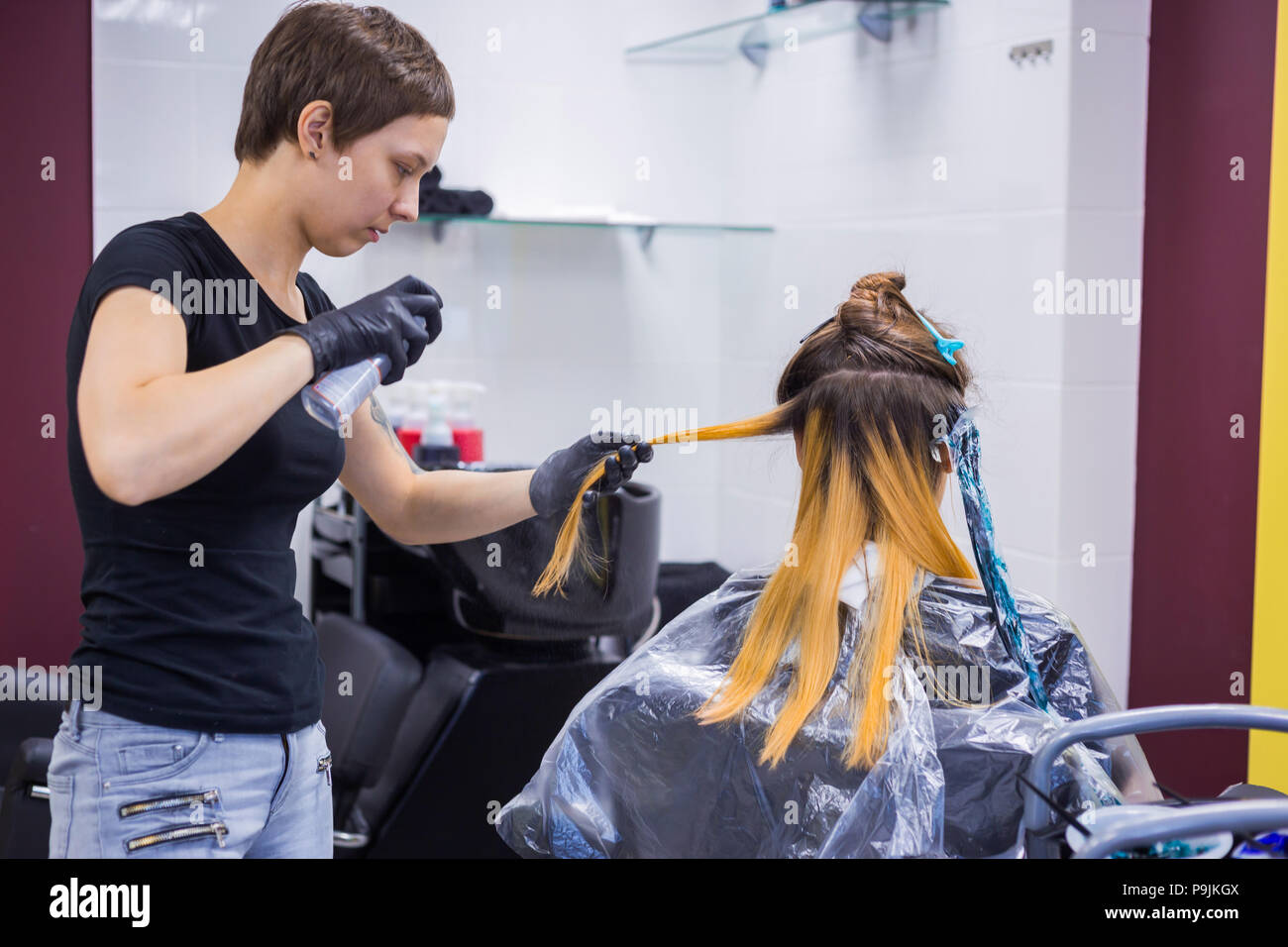 Professional Hairdresser Stylist Coloring Hair Of Woman Client At