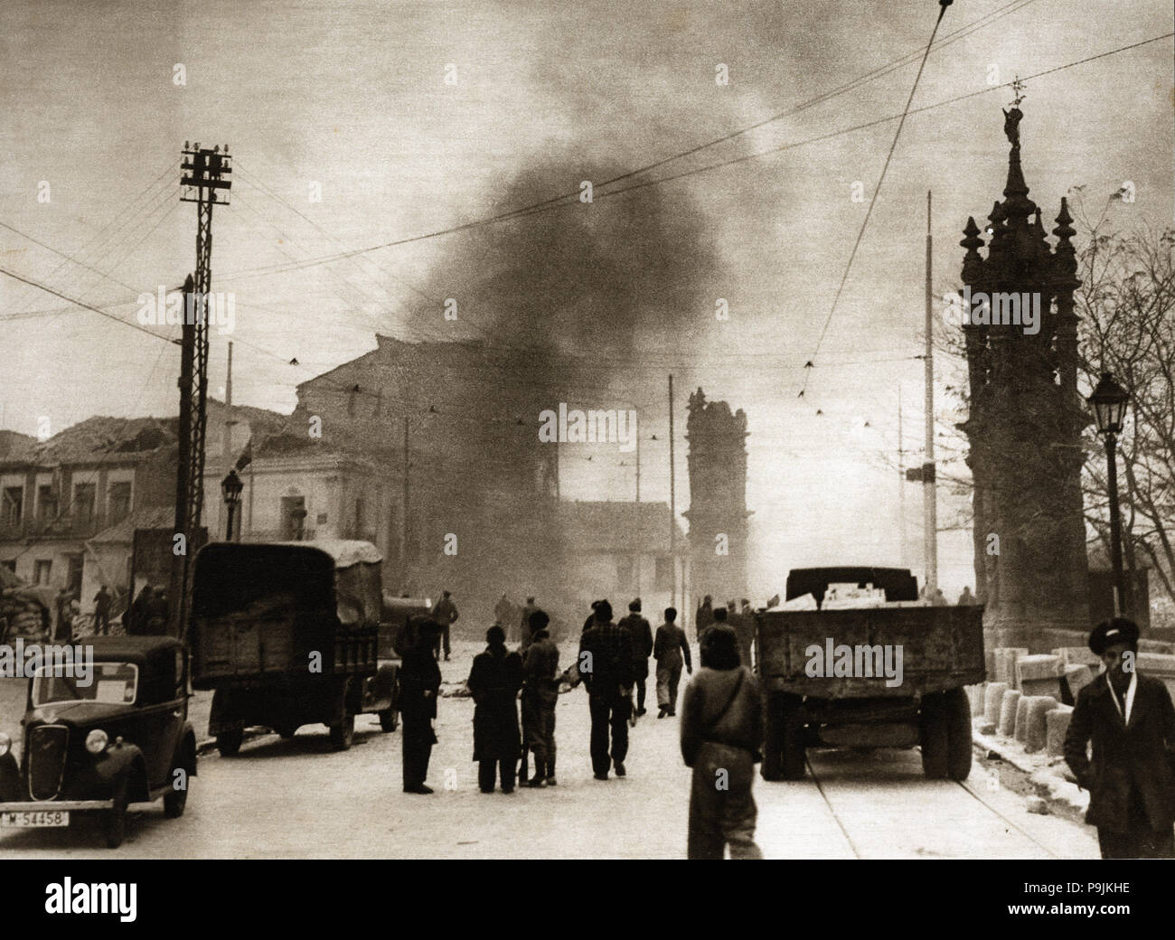 Spanish Civil War 1936-39. Siege of Madrid, houses burned by an air raid near the bridge of Toled… Stock Photo