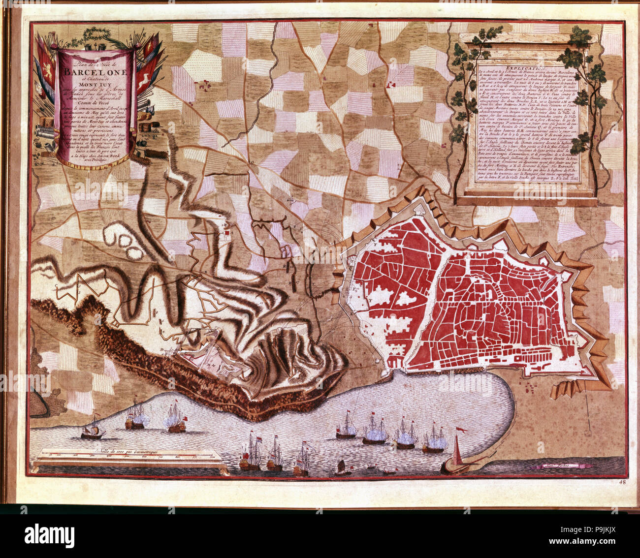 Map of the city of Barcelona in 1706, during the siege of the French fleet to coincide with the c… Stock Photo