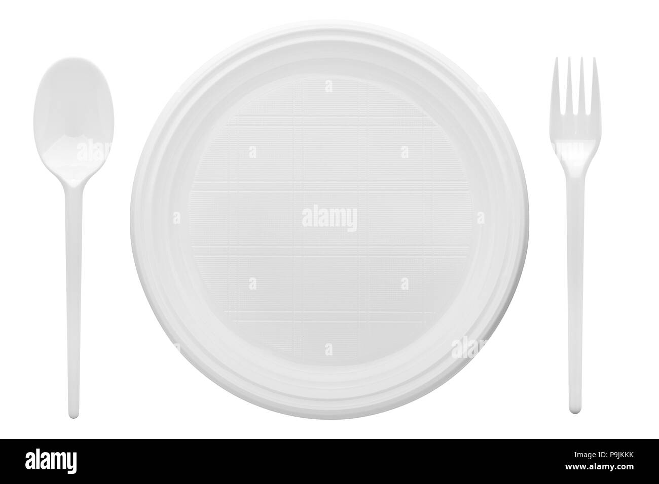 Disposable white plastic plate, spoon, fork, clipping path, isol Stock Photo