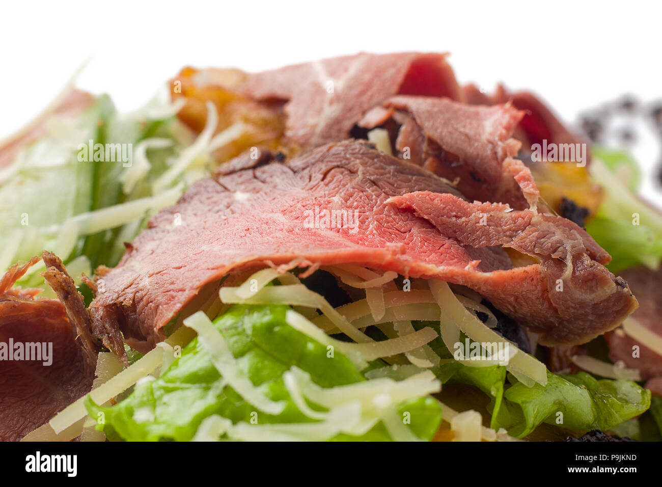 meat salad with roast beef, mushrooms, vegetables and cheese on  Stock Photo