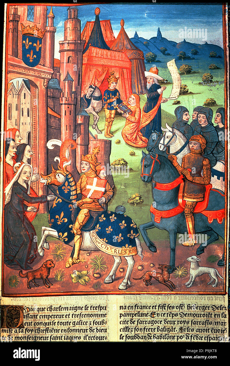 Charlemagne with paladins, knights of the king's entourage, Miniature