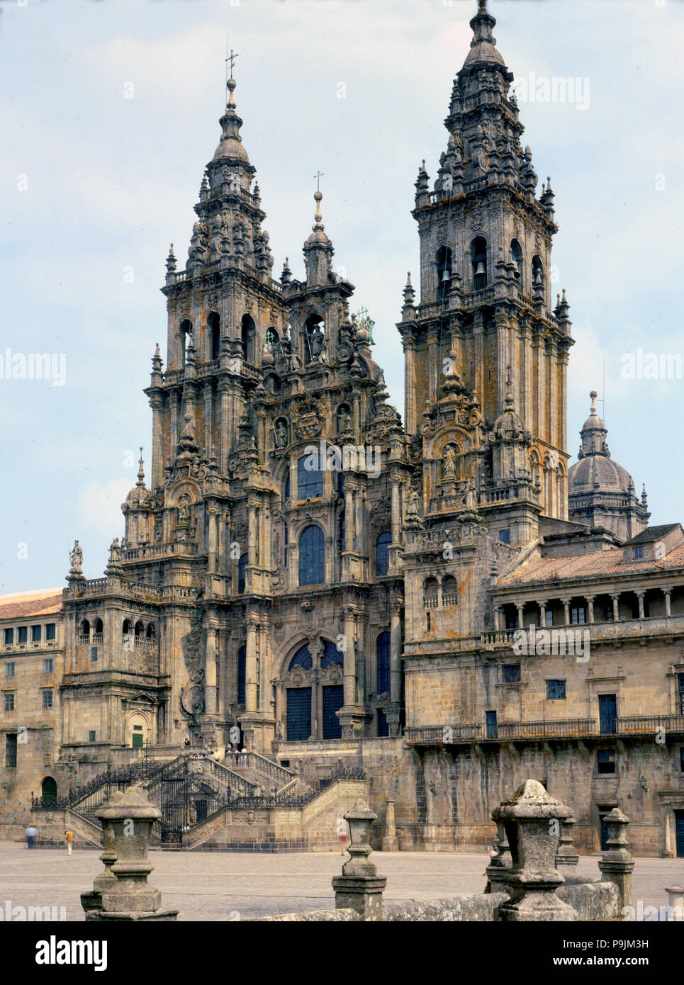 Obradoiro façade in the Cathedral of Santiago de Compostela. Stock Photo