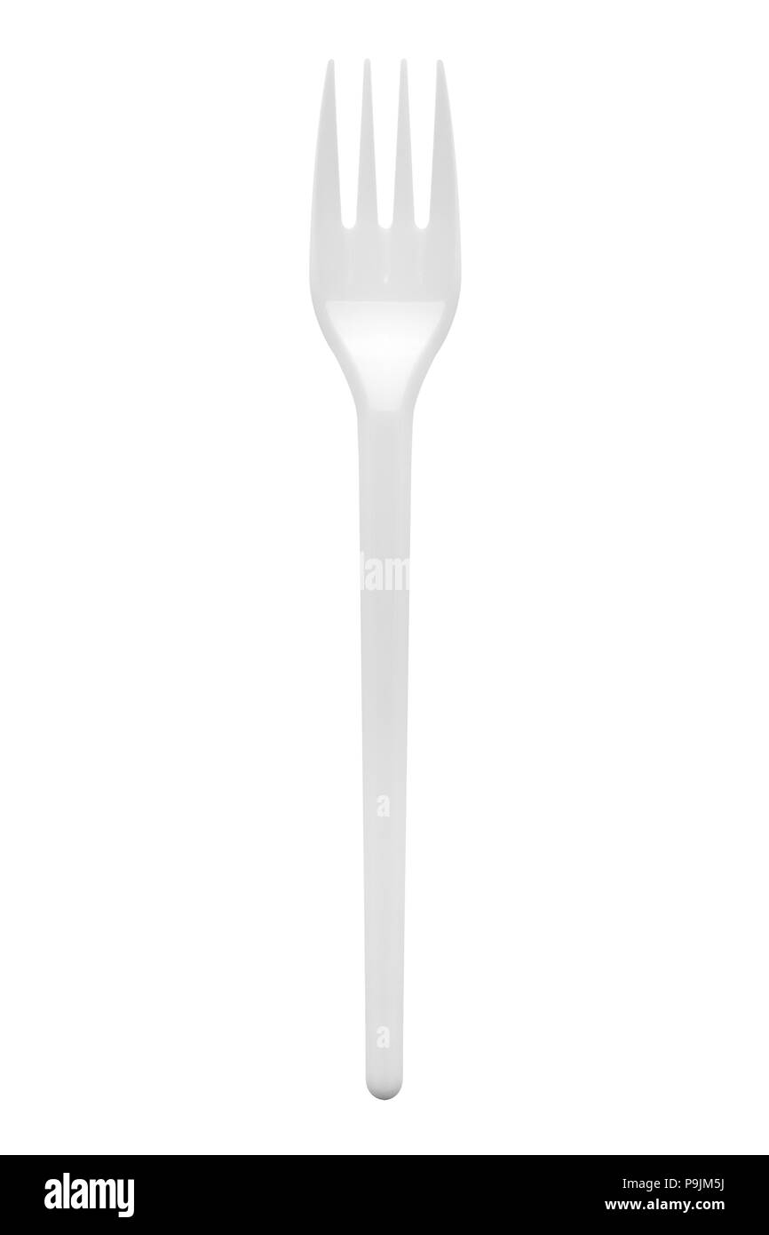 Disposable white plastic fork, clipping path, isolated on white  Stock Photo