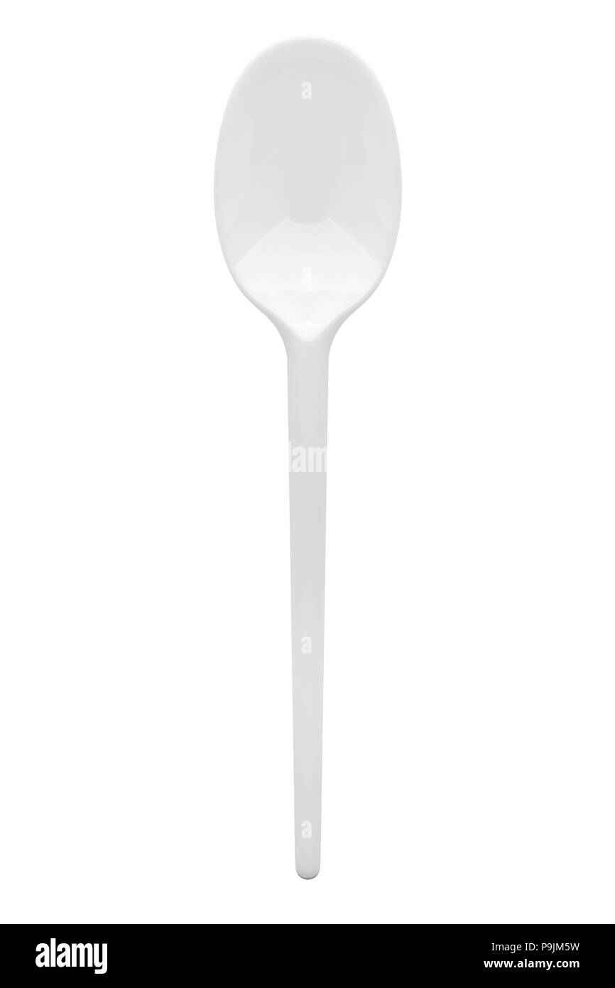 Disposable white plastic spoon, clipping path, isolated on white Stock Photo