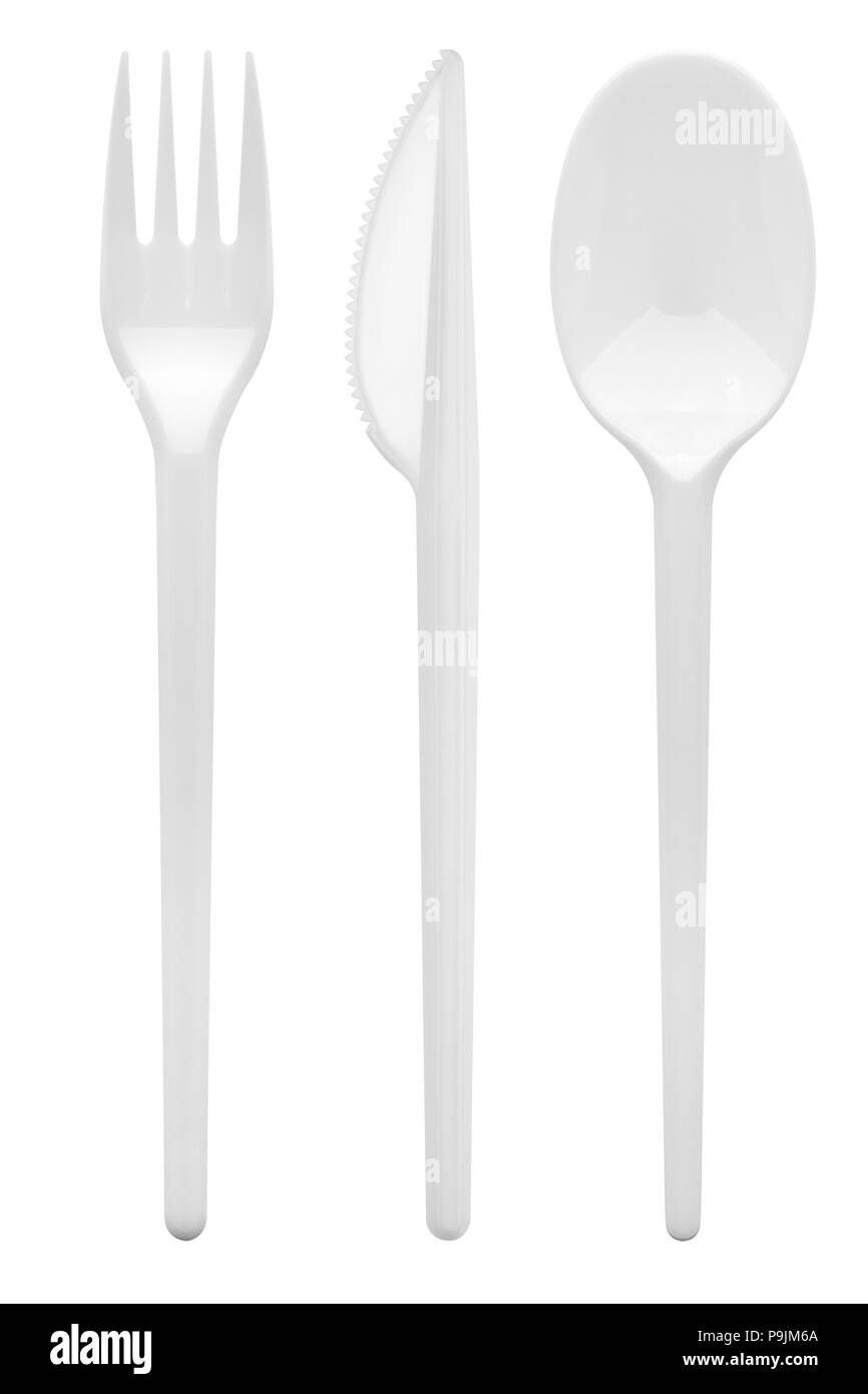Disposable white plastic fork, knife, spoon, clipping path, isol Stock Photo