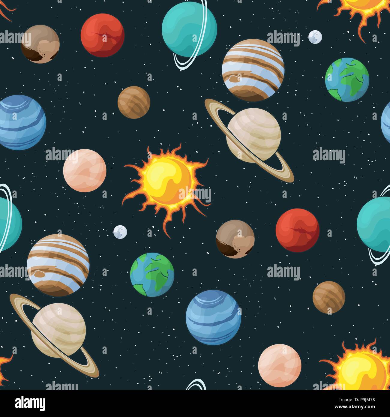 Solar system vector seamless pattern of planets in space universe texture Stock Vector