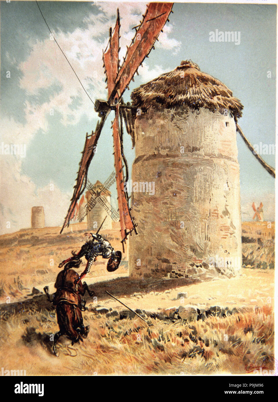 Illustration by Ricardo Balaca, scene of  the mills episode in 'Don Quixote of La Mancha', editio… Stock Photo