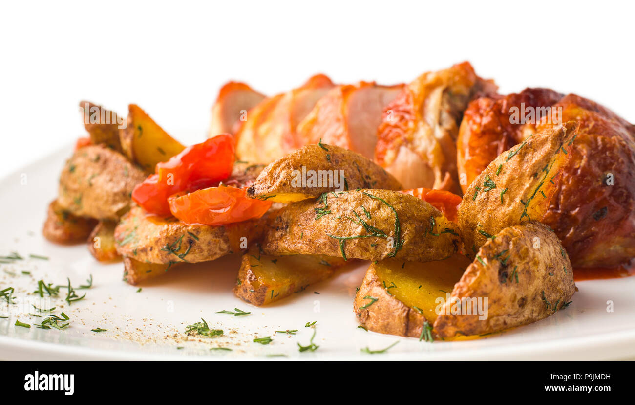 grilled chicken with a crispy crust, with BBQ sauce and baked po Stock Photo
