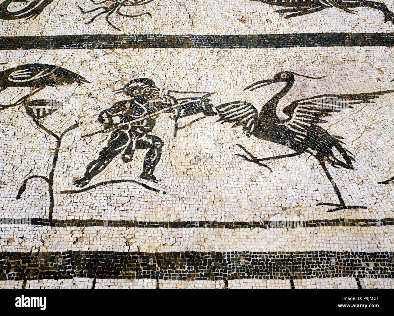 Faun fighting with birds, detail of a mosaic in the city of Italica, founded in 206 BC by Publio … Stock Photo