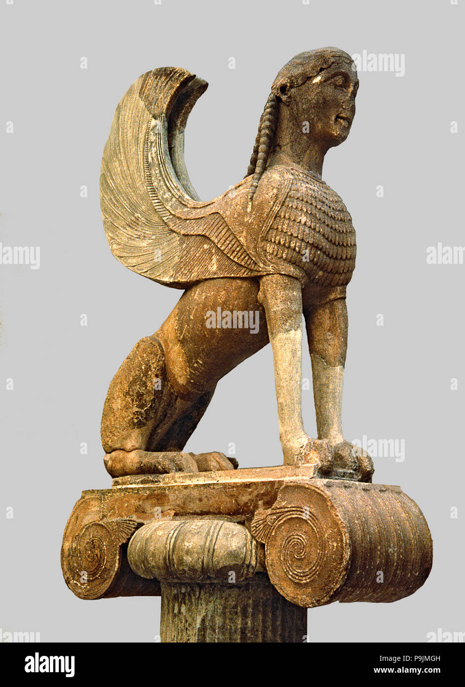 Sphinx of Naxos resting on an Ionic capital, from Delphi. Stock Photo