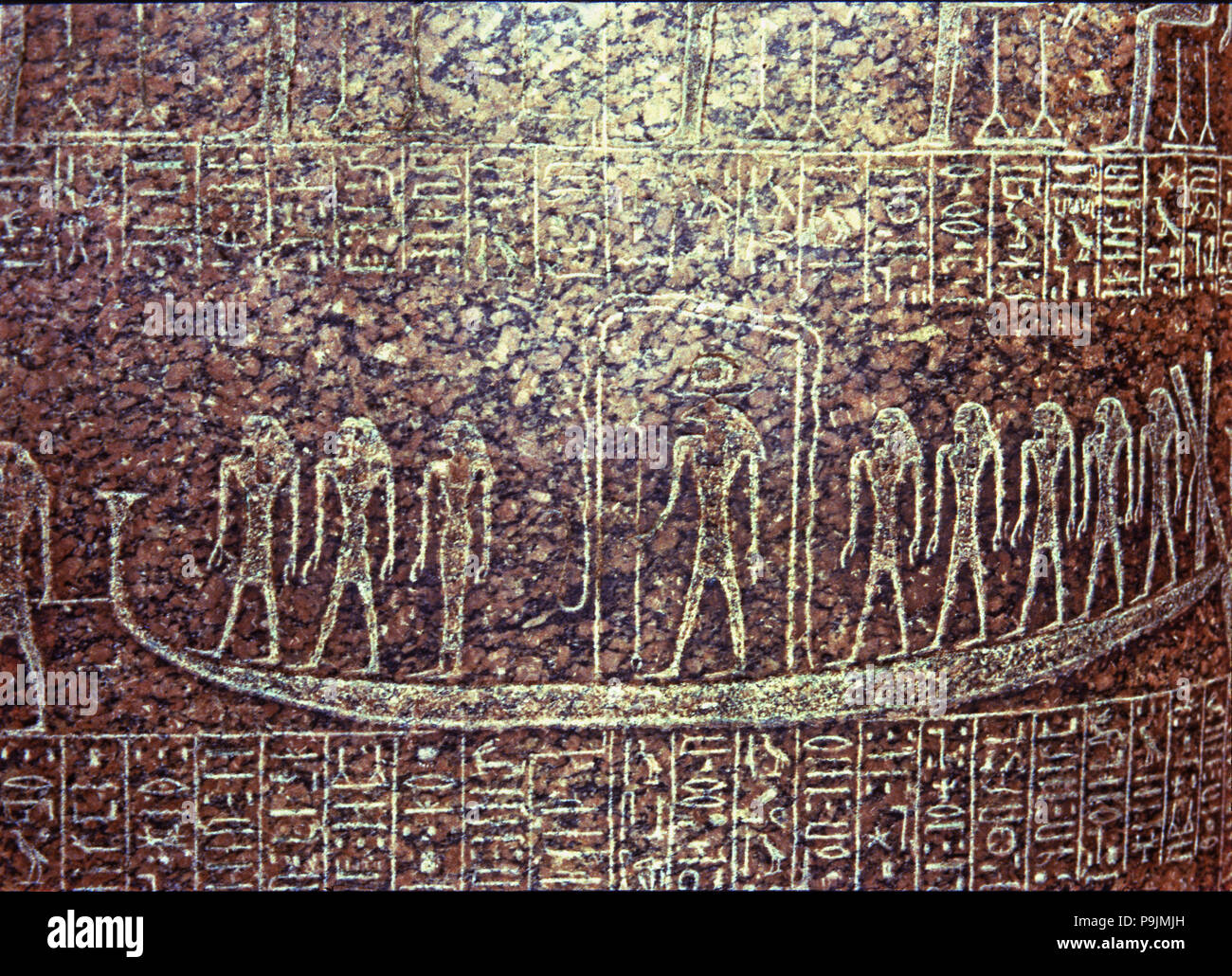 Bas-relief of the funerary sarcophagus of Ramesses III with the image of the ship of death, made … Stock Photo