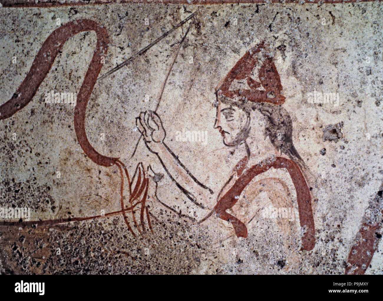 Fresco from the Lucan tomb representing a man holding the reins of a chariot. Stock Photo