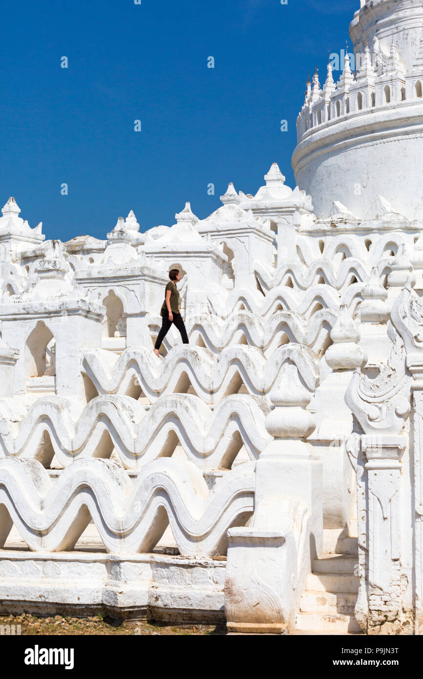 Tourist at Myatheindan Pagoda (also known as Hsinbyume Pagoda), Mingun, Myanmar (Burma), Asia in February Stock Photo