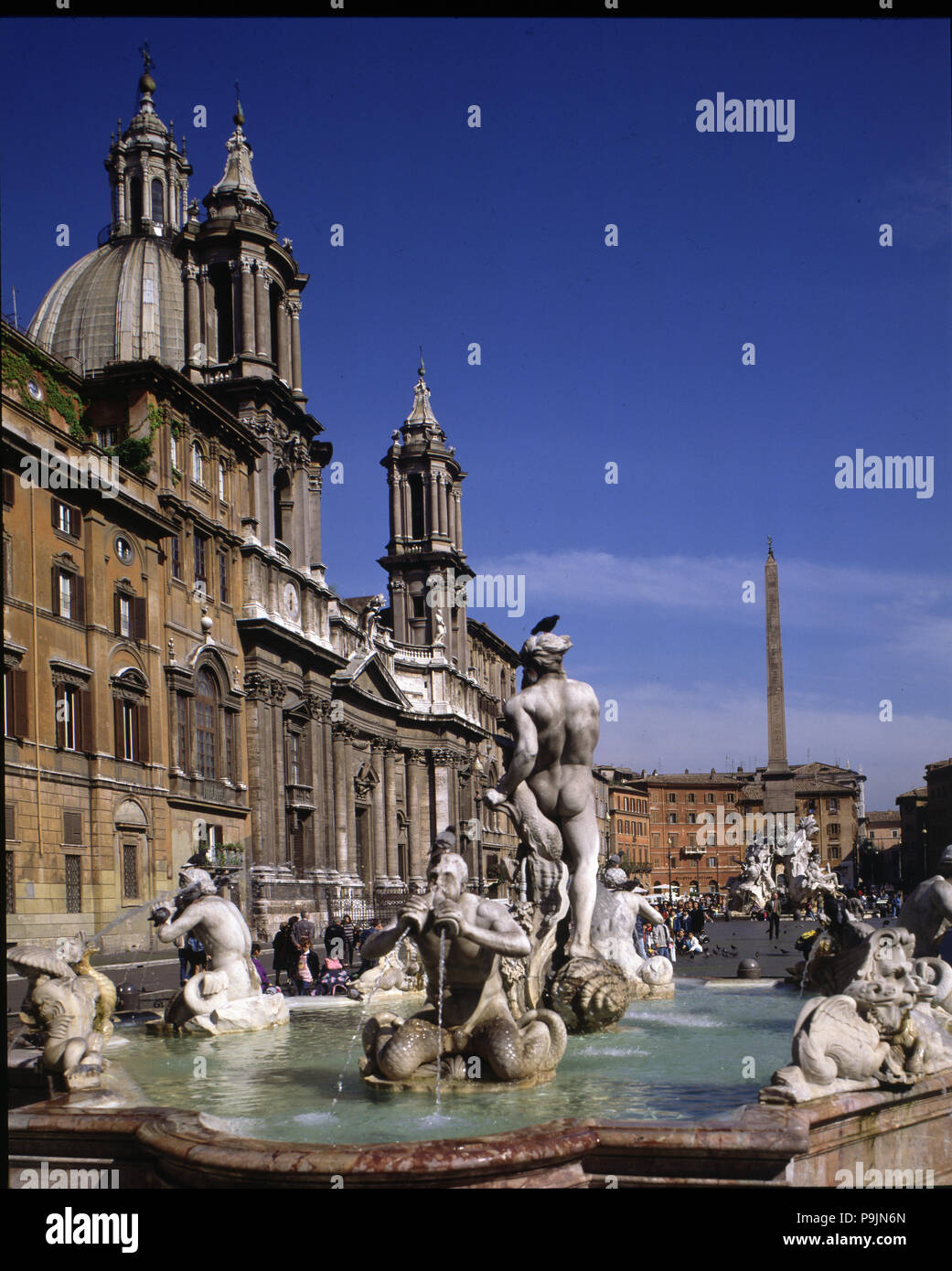Detail of the Fountain of the Rivers and the Church of St. Agnes, both are Baroque style. Stock Photo