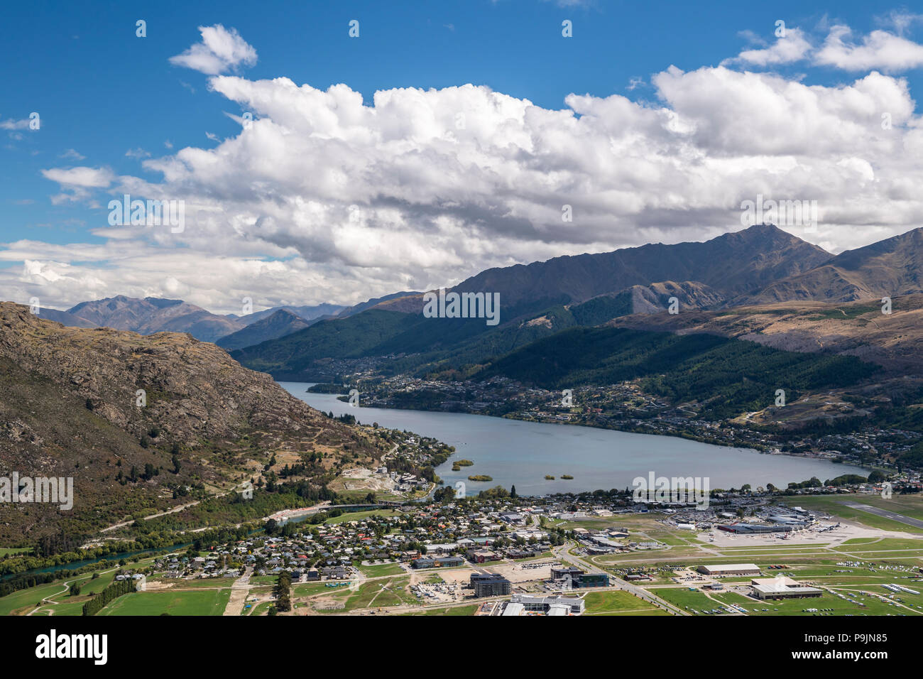 View of Queenstown and Lake Wakatipu, Queenstown, Otago, South Island, New Zealand Stock Photo