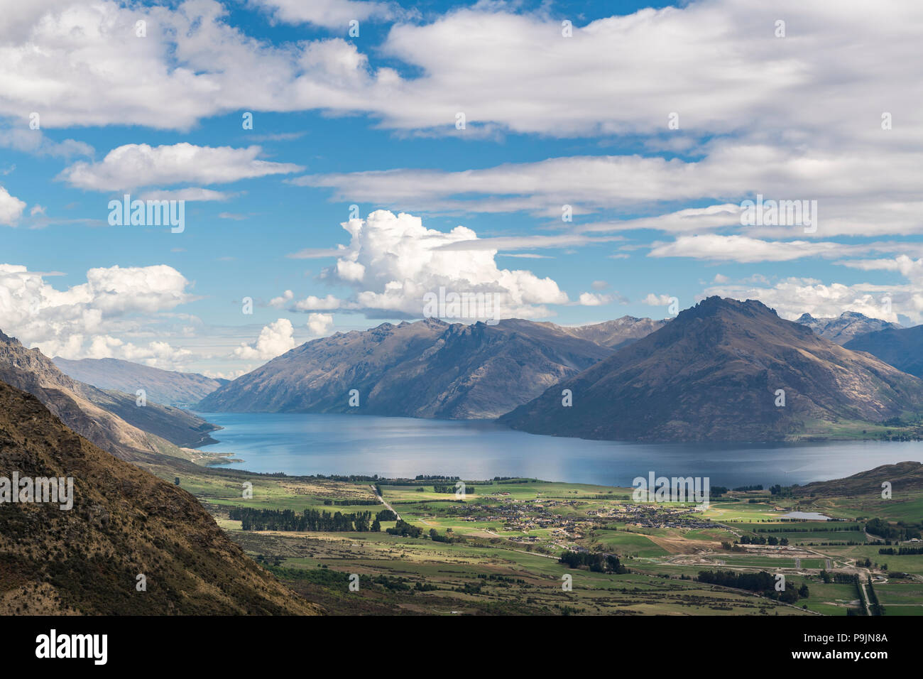View from The Remarkables to Lake Wakatipu and mountains, Queenstown, Otago, South Island, New Zealand Stock Photo