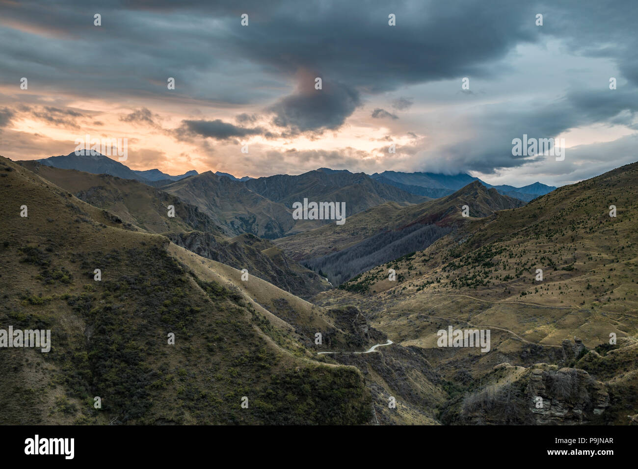 View down to Skippers Canyon, evening mood, Queenstown, Otago, South Island, New Zealand Stock Photo
