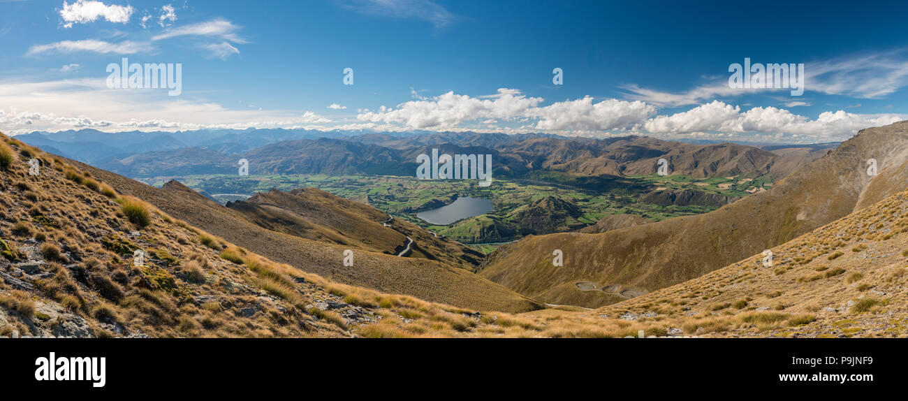 View from The Remarkables to Frankton Valley near Queenstown, Queenstown, Otago, South Island, New Zealand Stock Photo