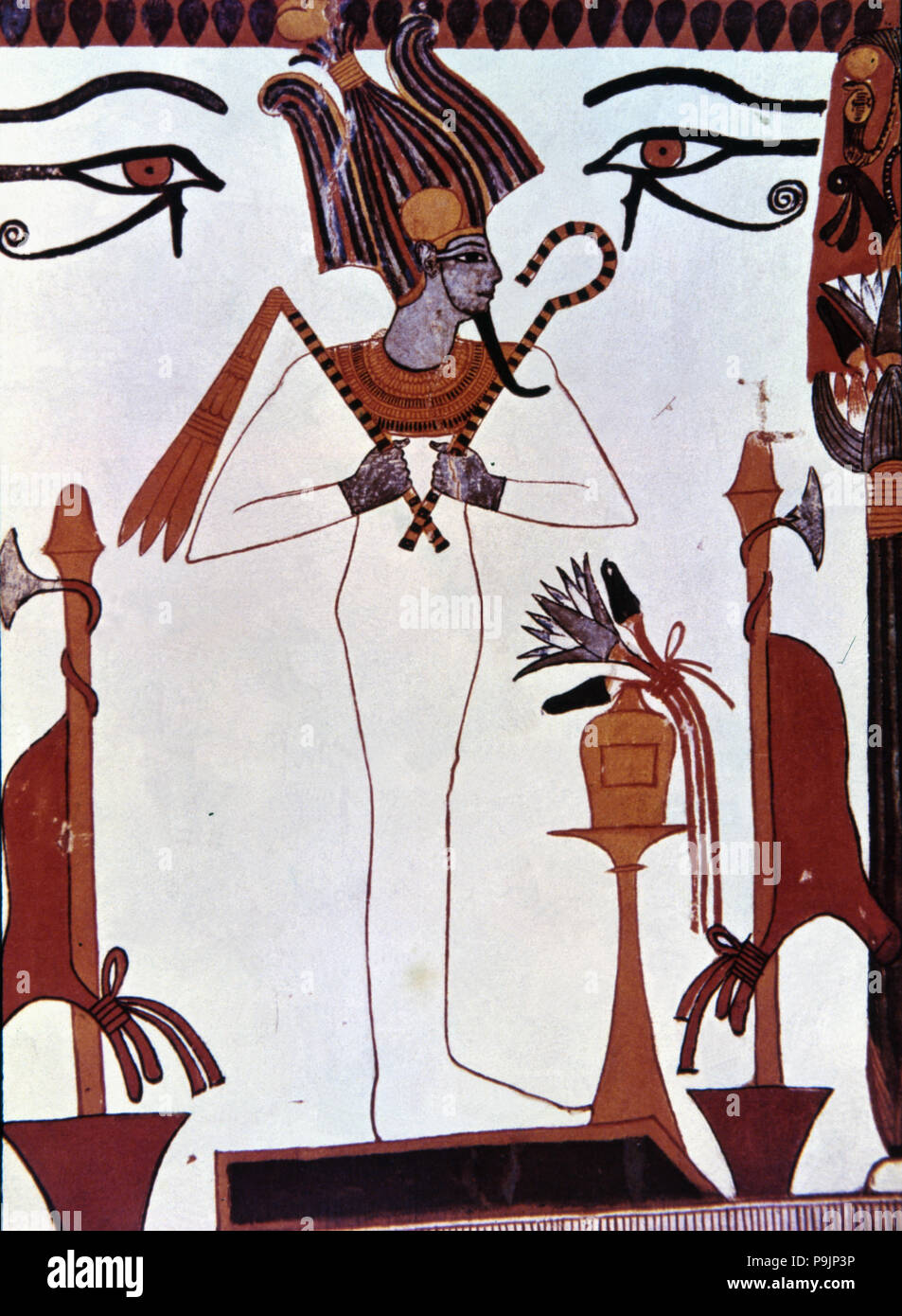 The god Osiris scepter and whip Chapel fresco Sennutam. Stock Photo