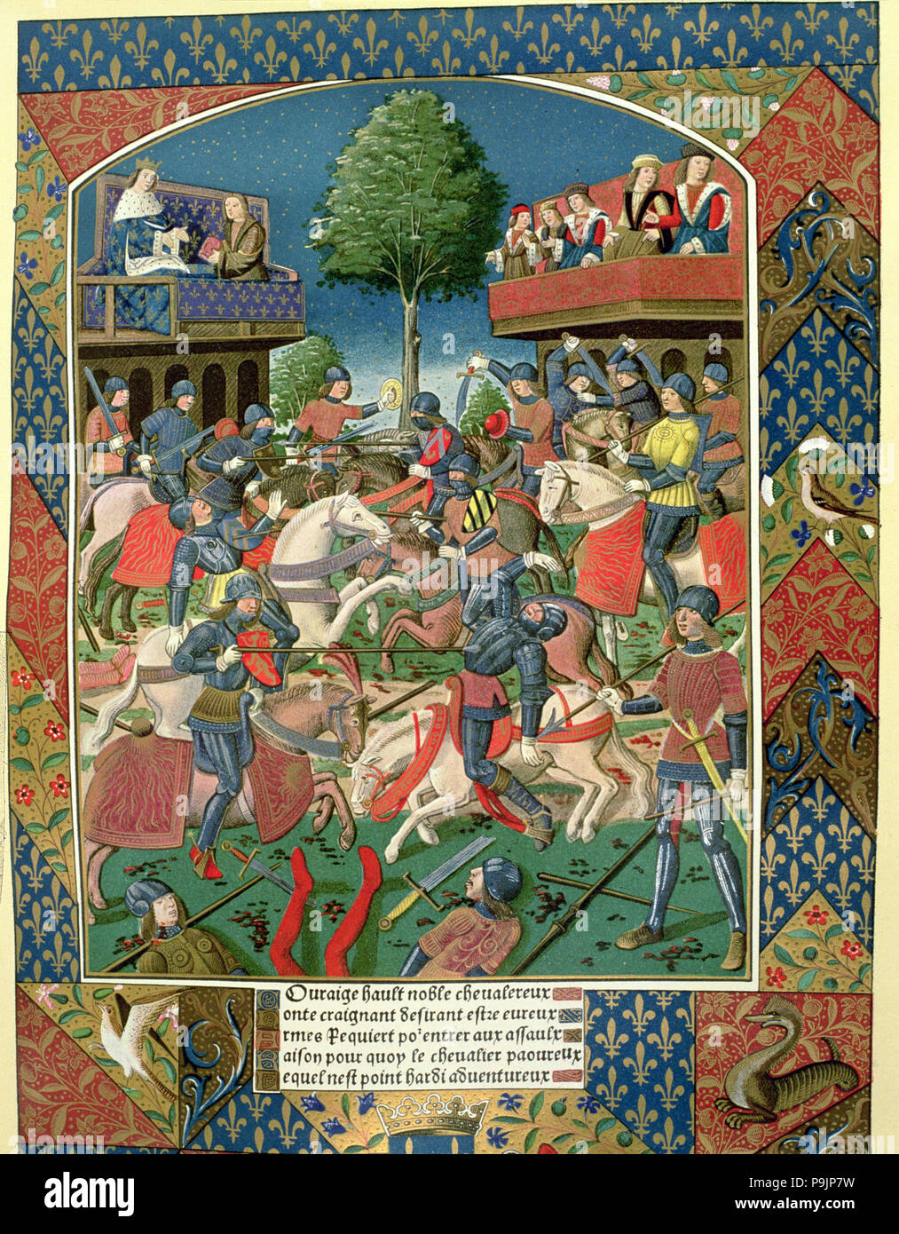 Tournament between gentlemen, miniature of the work 'Lancelot du Lac', 1491, printed by A. Verard. Stock Photo