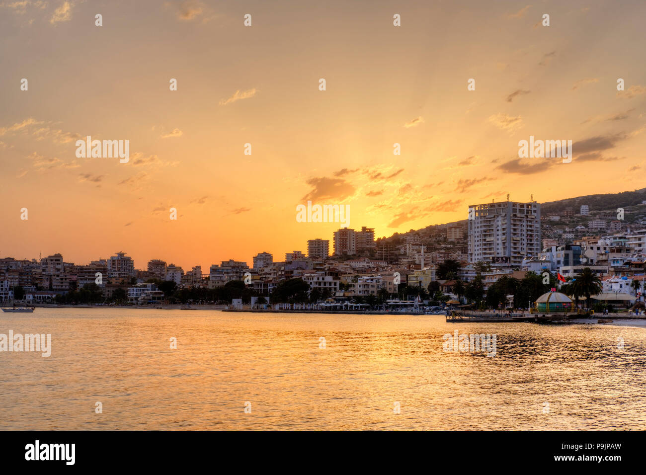 Sunset, Saranda, Sarandë, Qark Vlora, Ionian Sea, Albania Stock Photo
