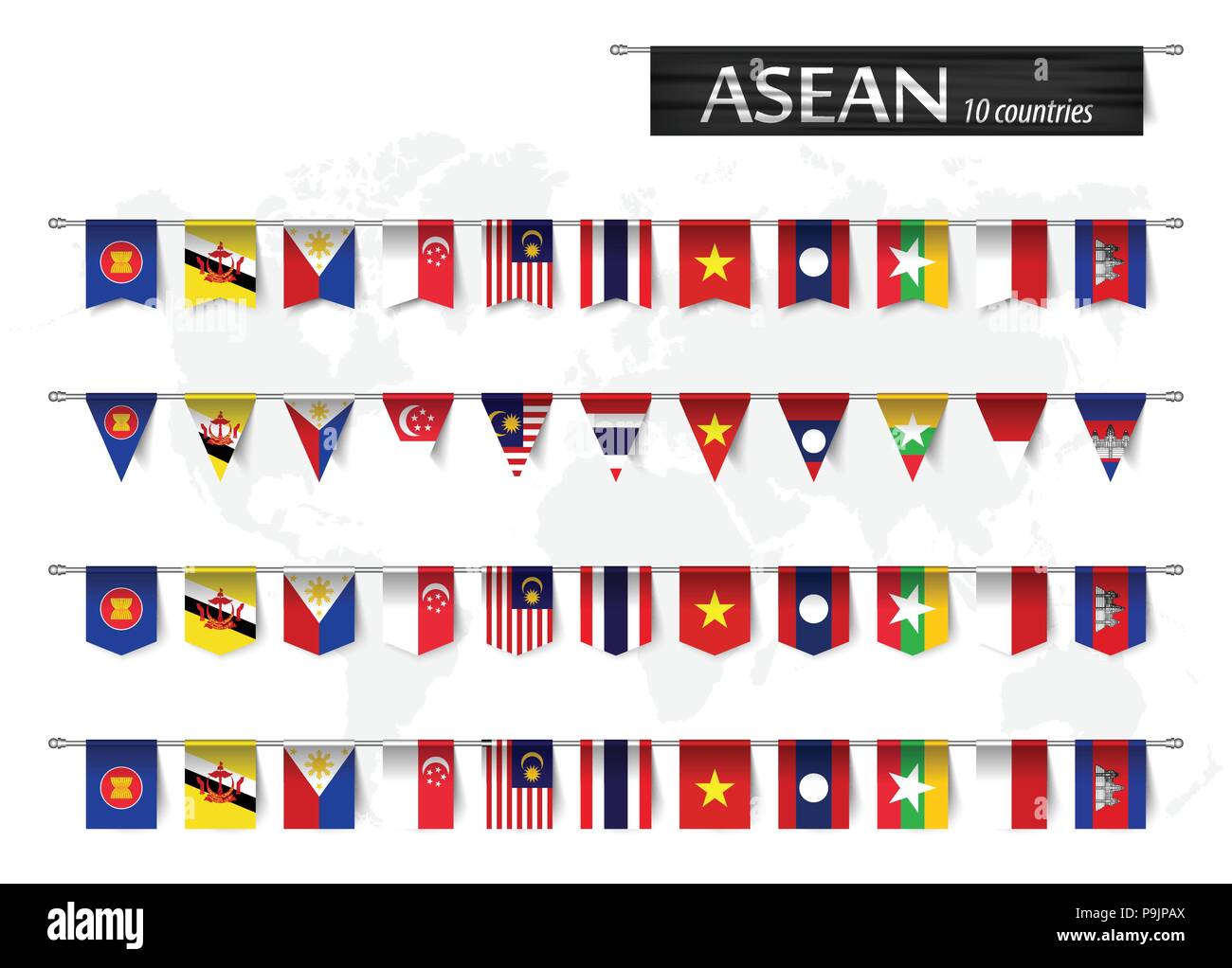 ASEAN ( Association of Southeast Asian Nations ) and various shape nation flag of country membership hanged on pole and world map background . Vector  Stock Vector