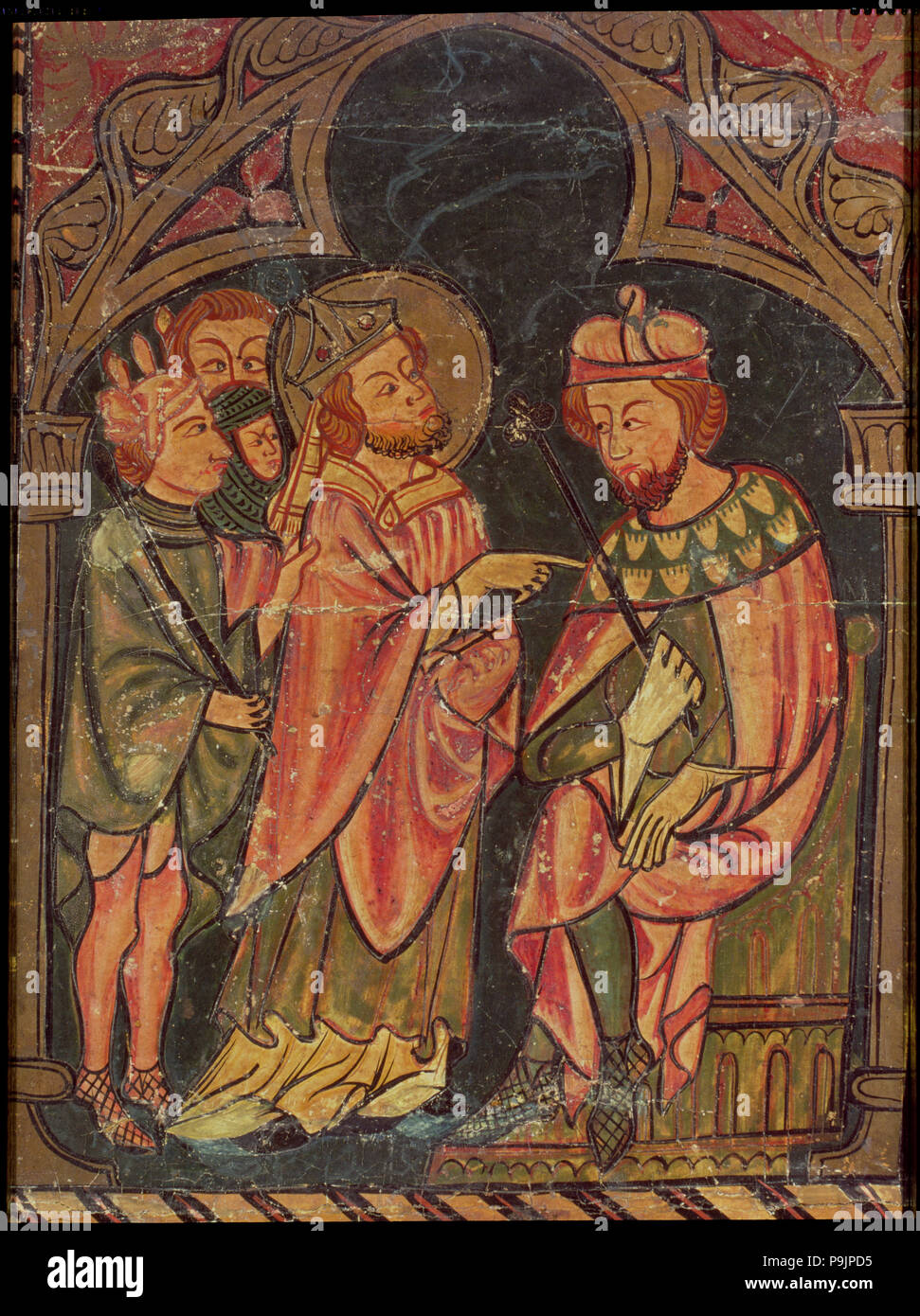 'Front of Sant Cebrià of Cabanyes', Saint Cyprian is taken by three hired assassins to the Emper… Stock Photo