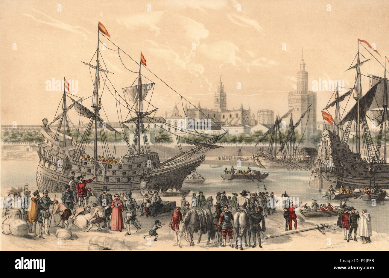 Francisco Pizarro preparing their ships in Sevilla, to go on an expedition to Peru. Stock Photo