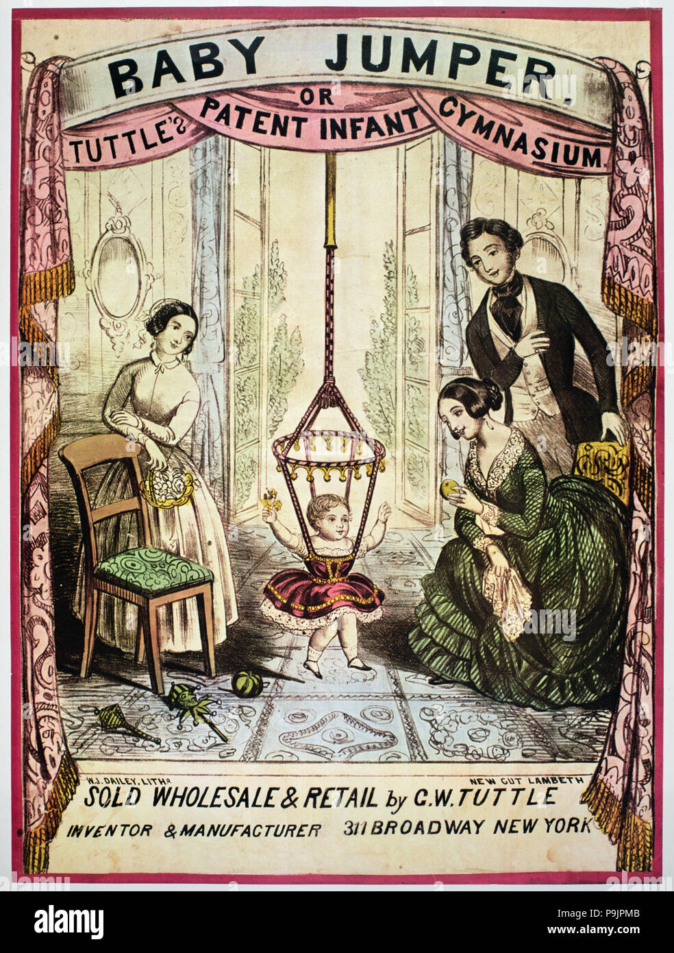 Advertising poster of the self-assembly jumper swing built in rubber rope, engraving, 1850. Stock Photo