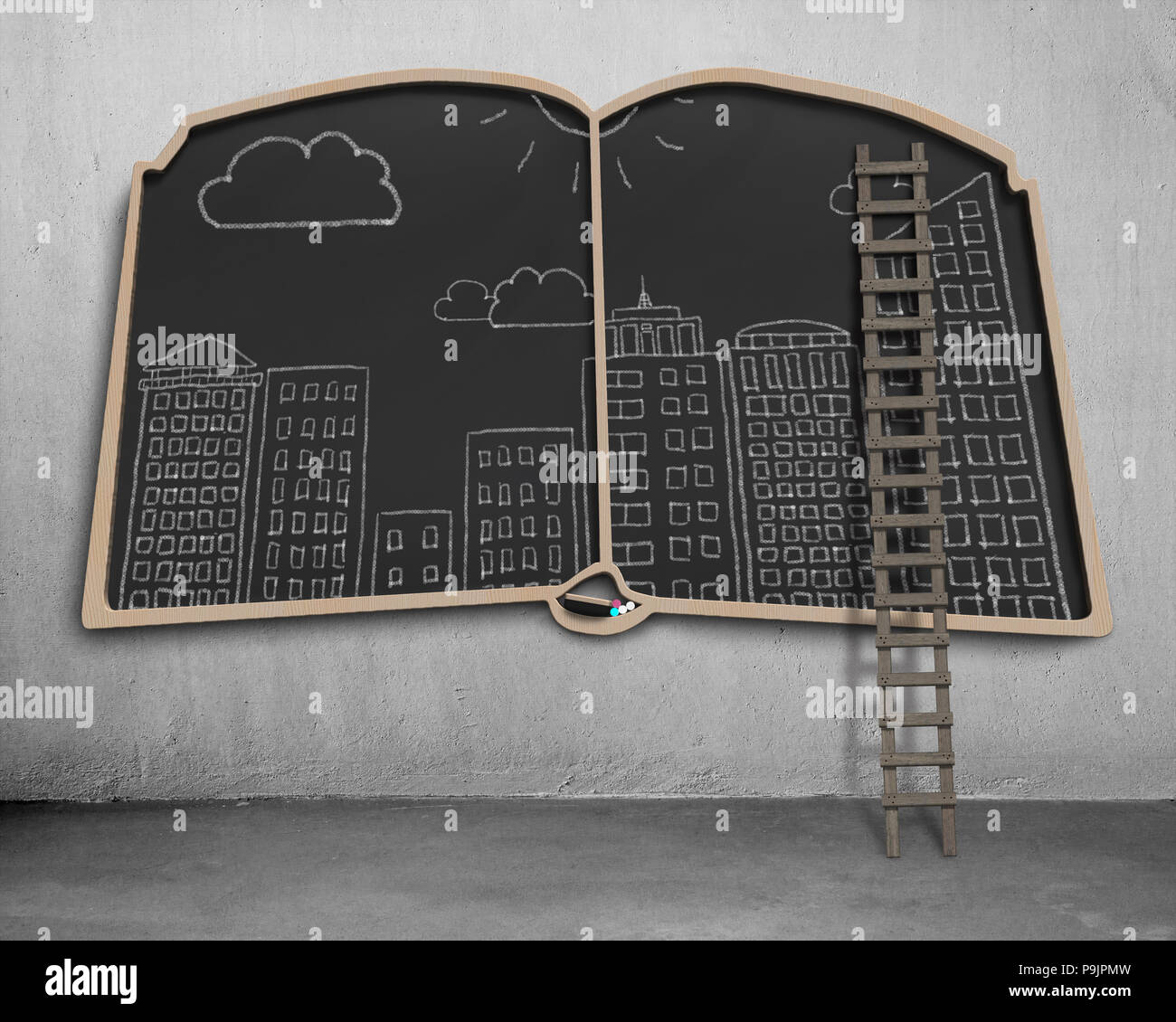 City view doodles on book shape blackboard with ladder Stock Photo