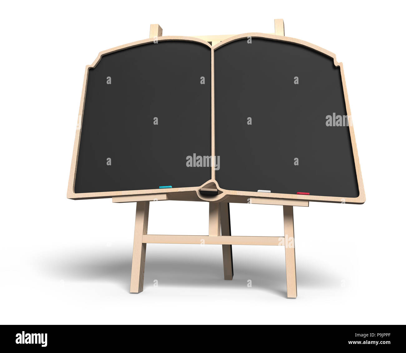Blank book shape blackboard on easel isolated in white background Stock Photo