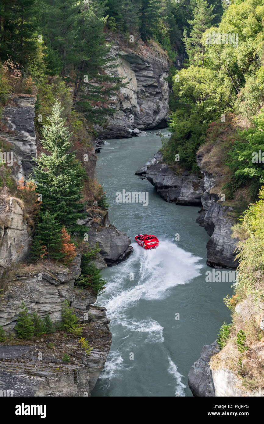 Speedboat in the Canyon of Shotover River, Queenstown, Otago, South Island, New Zealand Stock Photo