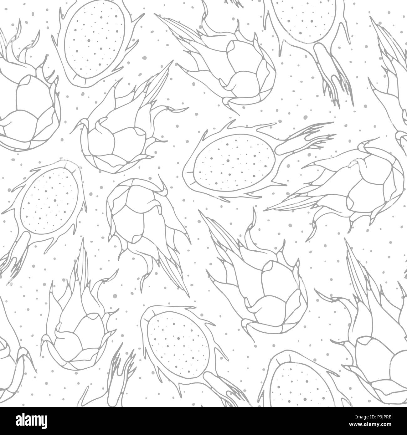 Vector tropical seamless pattern with dragon fruit outline on the white dotted background. Hand drawn exotic pitahaya line art. Stock Vector
