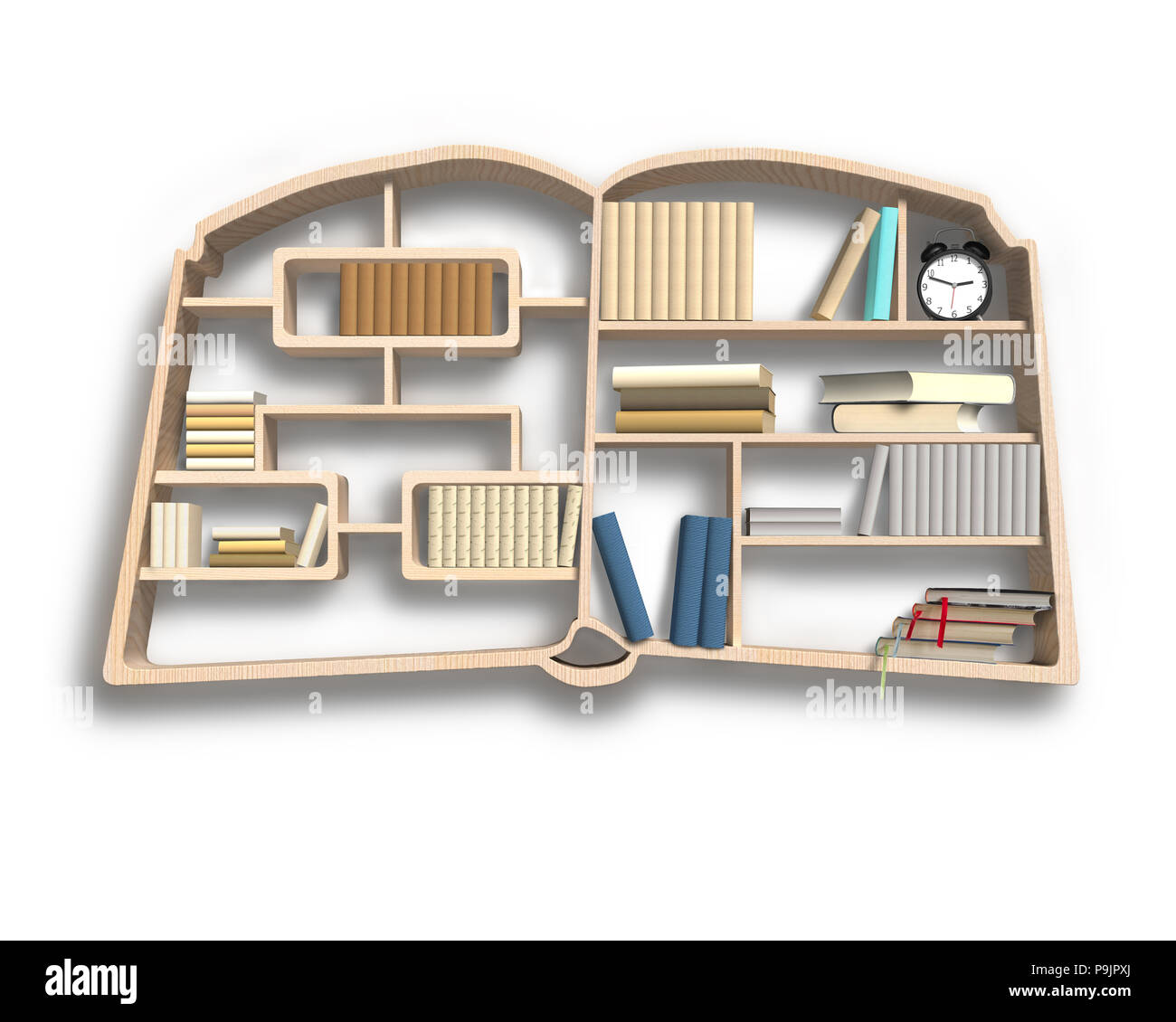 Bookshelf in book shape isolated in white background Stock Photo