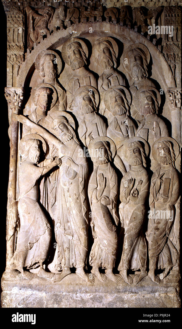 Monastery of Santo Domingo de Silos, cloister, detail of the relief showing the incredulity of Sa… Stock Photo
