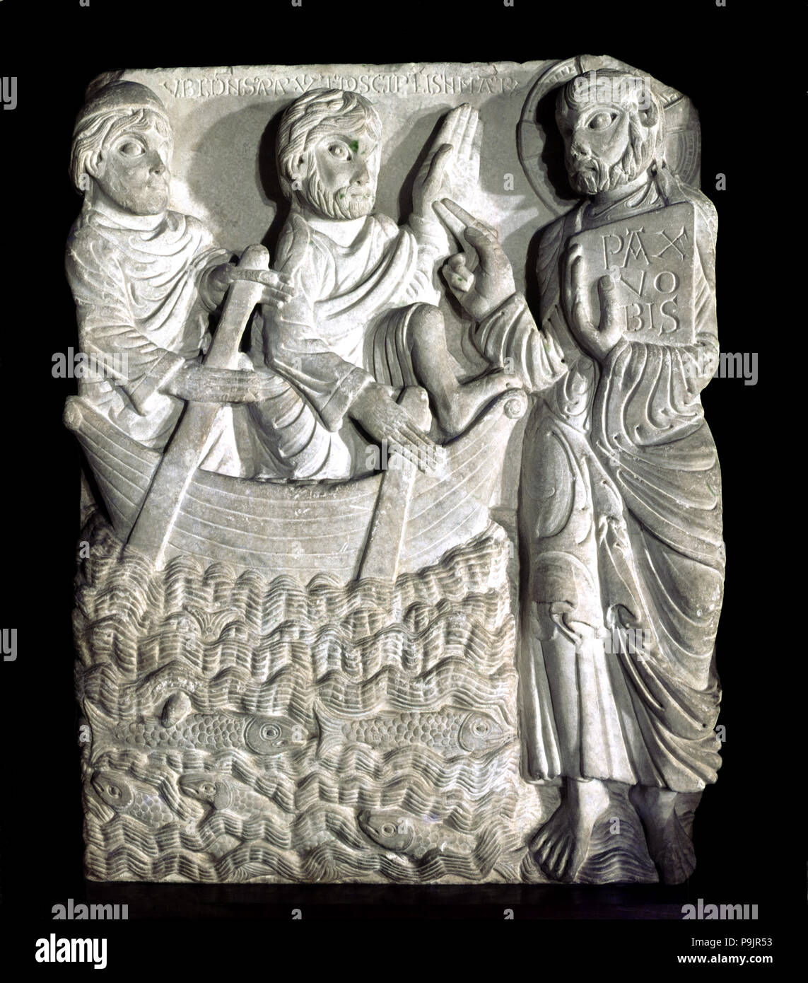 'Jesus on the water', relief from the Monastery of Sant Pere de Roda (Girona), work by the Maste… Stock Photo