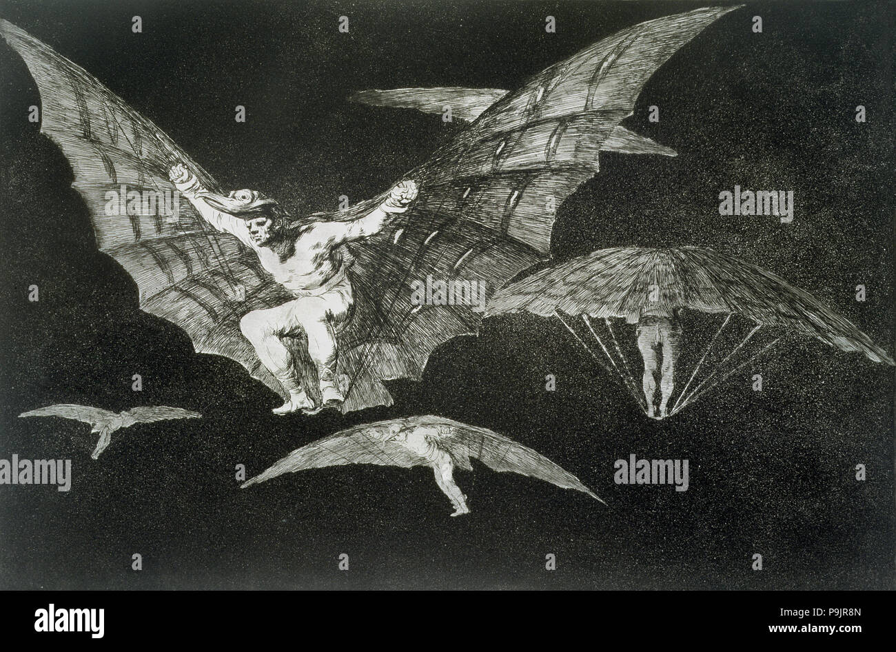 The Proverbs or The Follies, series of etchings by Francisco de Goya, plate 13: 'Modo de volar' (… Stock Photo