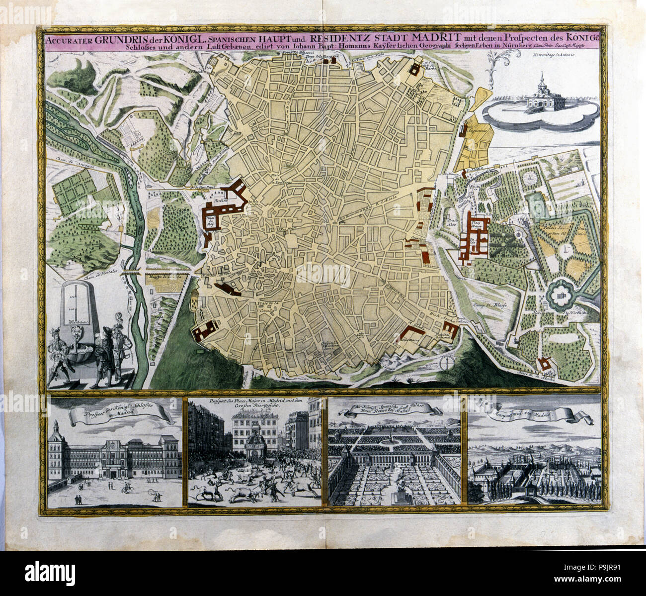 Colored plan of Madrid, hand engraving. Austria, c. 1710, by C. Lotter. Stock Photo