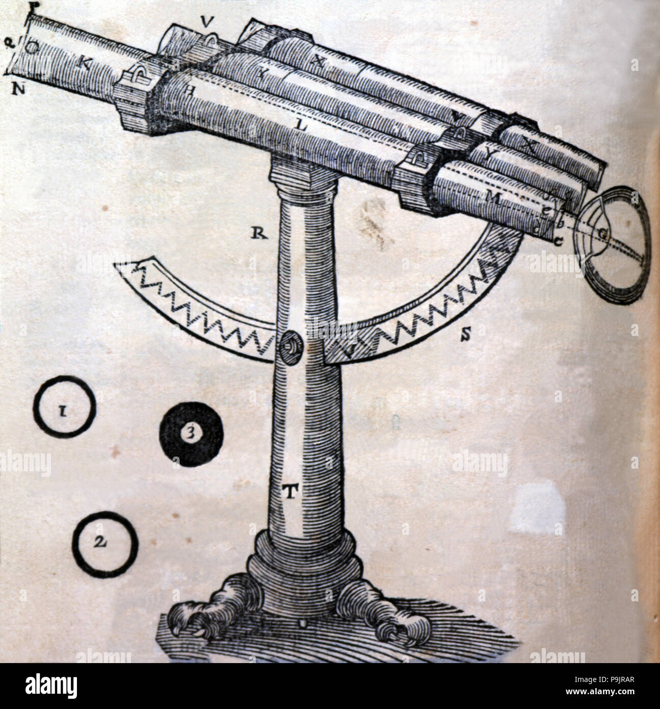 Schematic drawing of an old telescope in the cover of 'Principia Philosophiae' by René Descartes,… Stock Photo