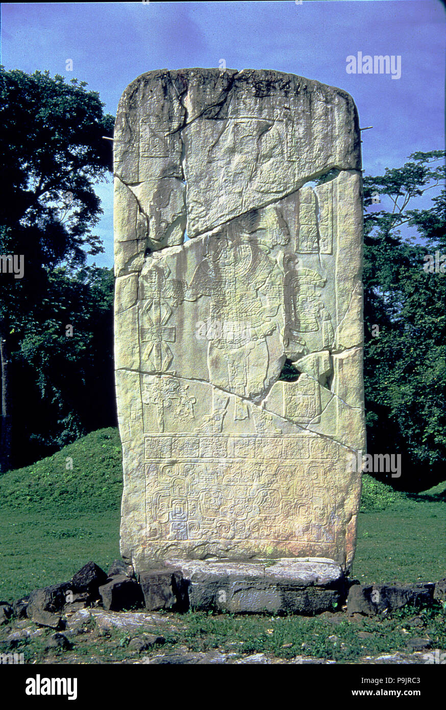 Detail of a stela in which king Txan Muan is represented with a ceremonial spear and a shield. Stock Photo