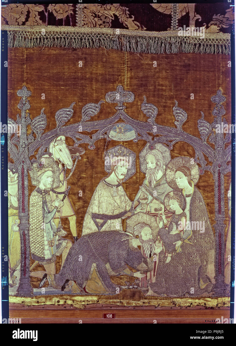 Adoration of the Magi, embroidered on a cloth of gold and silk. Stock Photo