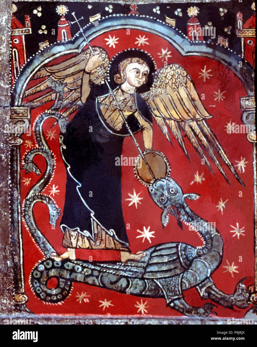 Detail of Saint Michael fighting the dragon on the altar front 'Master of Soriguerola' from the p… Stock Photo