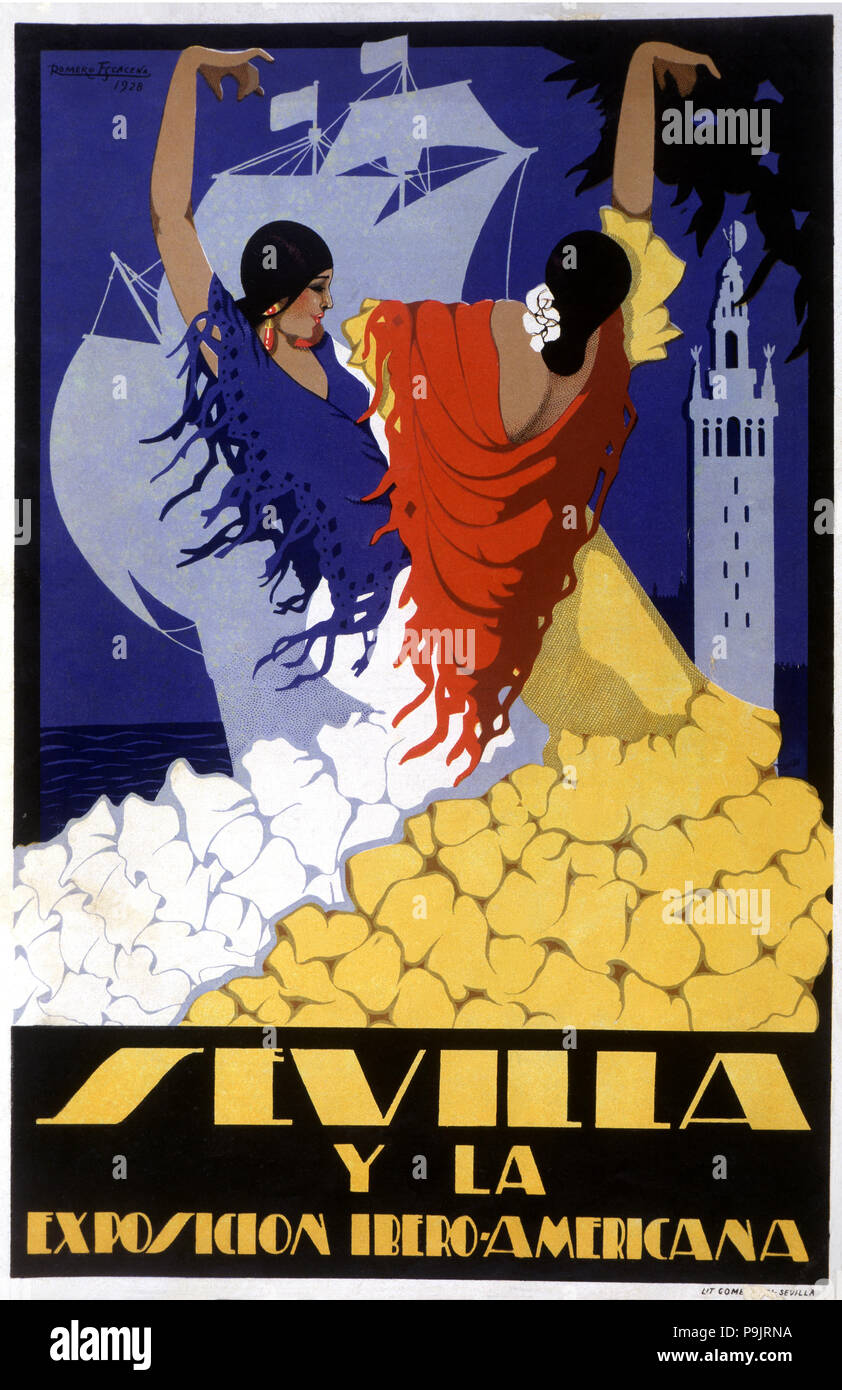 Poster of the Ibero-American Exhibition, held in Seville between 1929 - 1930, drawin by Romero Es… Stock Photo